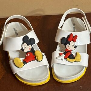 Mini Melissa Minnie & Mickey Mouse White Sandals with Yellow Soles.